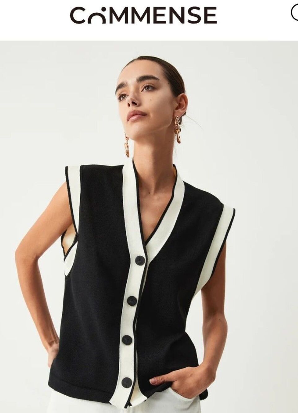 New! Contrast Trim Black Ivory Sweater Vest Commense size M